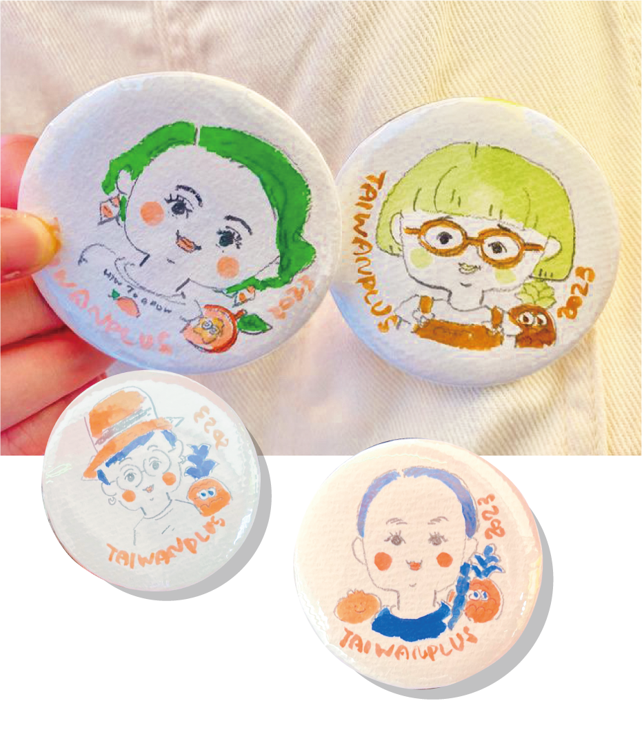 イラストレーター佐々木千絵さんの似顔絵缶バッジ